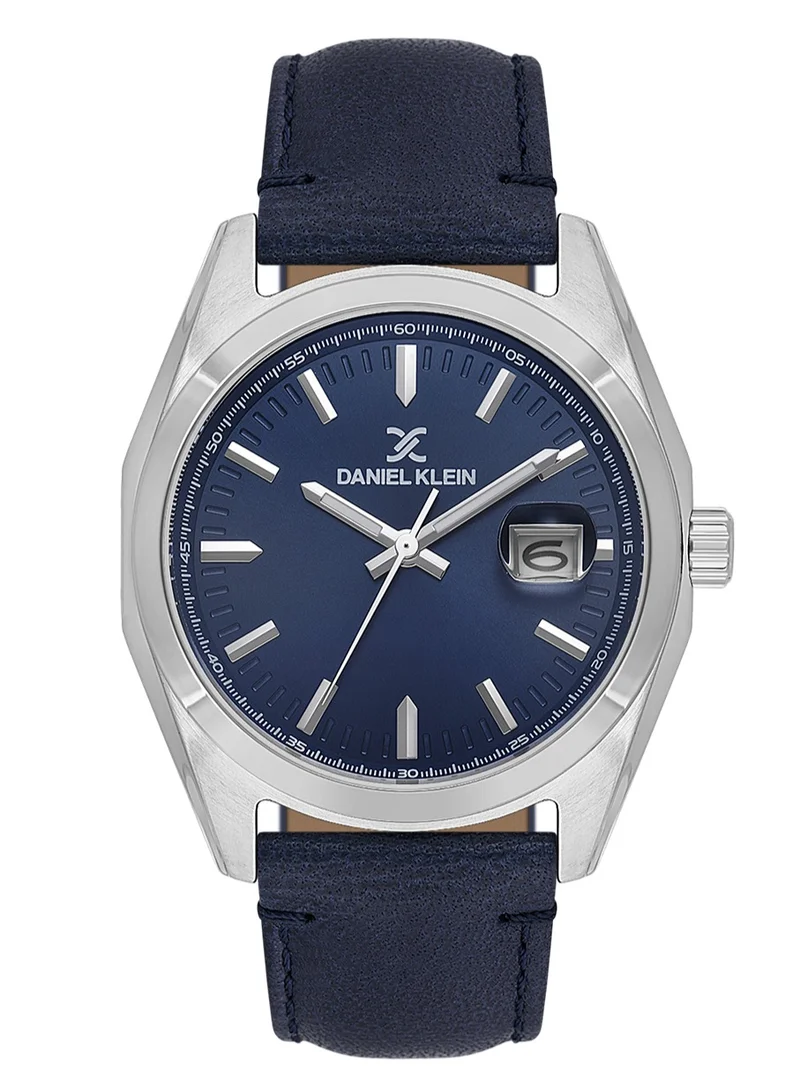 DANIEL KLEIN Men's Leather Silver Alloy Case Analog Dark Blue Round Sunray Dial Japanese Quartz Premium 50 Meters Water Resistant